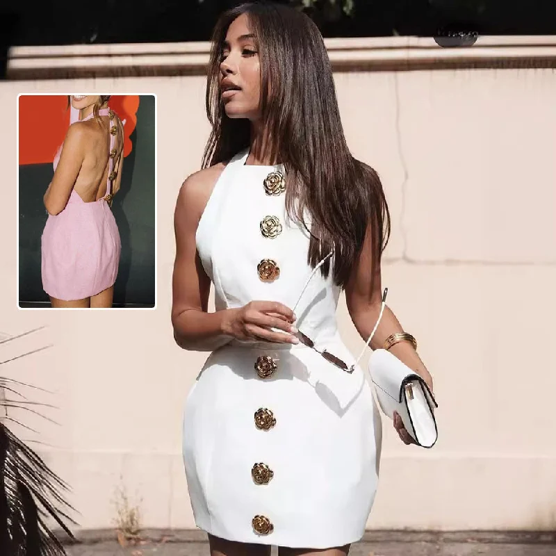 Sweet Sleeveless Backless Dress With Rose Button