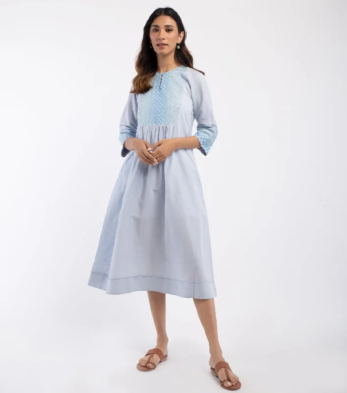 Blue embroidered Cotton linen Dress