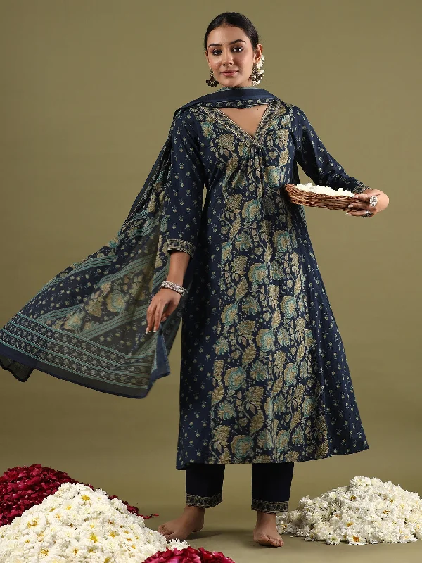 Women Blue Printed A-Line Kurta Trousers With Dupatta Set - Taantav Trousers Tapered Slim Fit