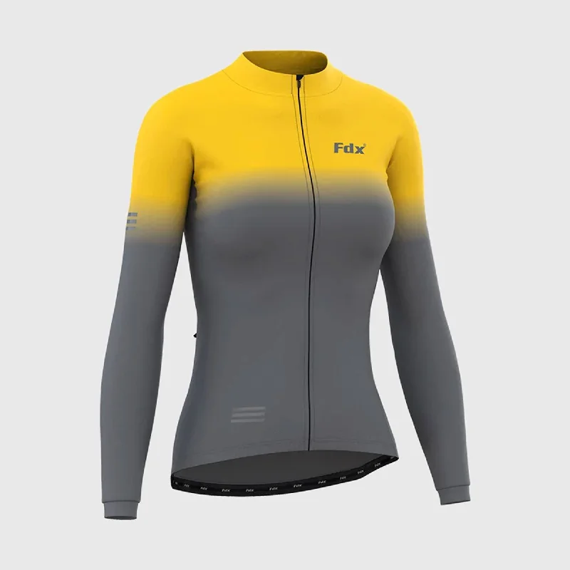 Fdx Duo Women's & Girl's Yellow / Grey Thermal Roubaix Long Sleeve Cycling Jersey Gold Jersey Tee Fdx Duo Women's & Girl's Yellow / Grey Thermal Roubaix Long Sleeve Cycling Jersey Gold Jersey Tee