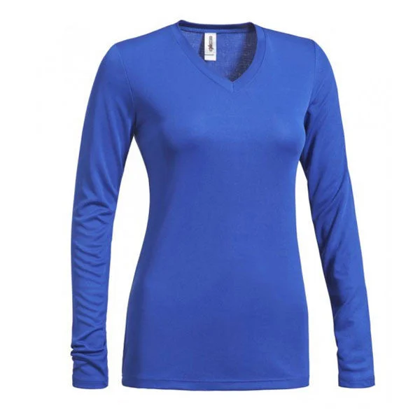 Expert Women's Royal V-Neck Long Sleeve Tee Front Pockets Side Pockets Patch Pockets