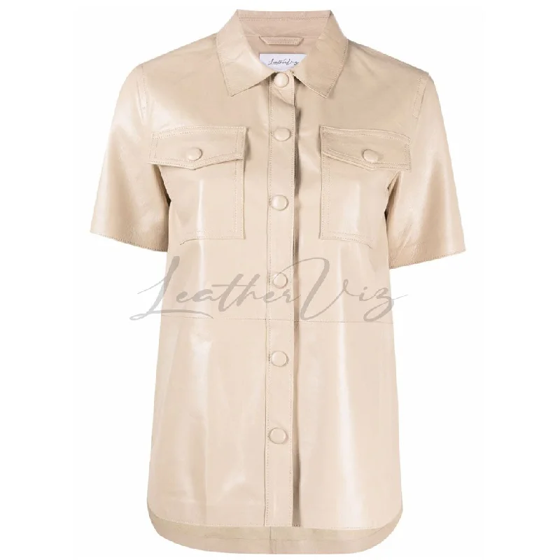 CLASSIC COLLAR WOMEN LEATHER SHIRT Ribbed T-Shirt High Neck Heavyweight