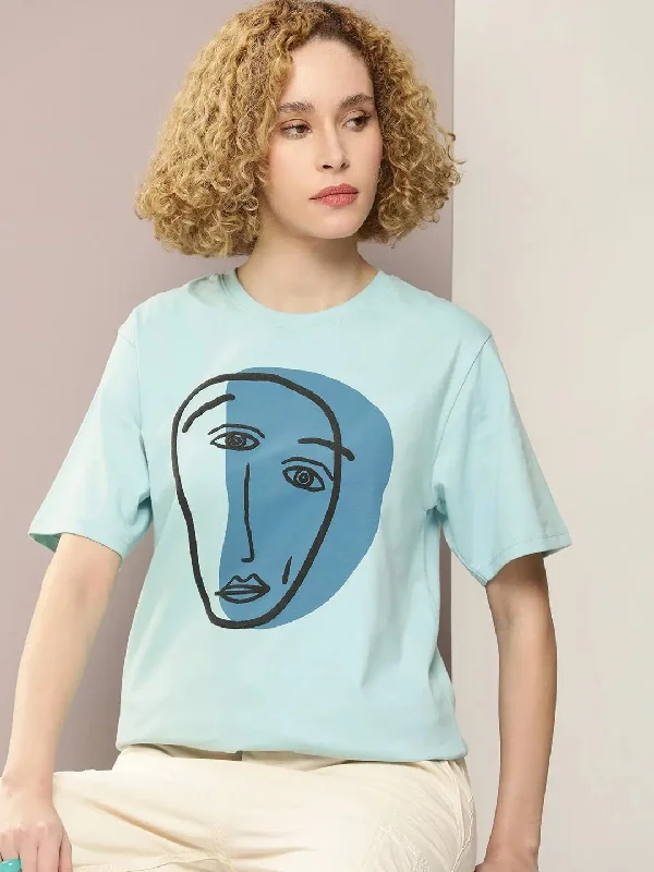 Dillinger Turquoise Blue Graphic Oversized T-Shirt-WMNCR413PTG-XS V-Neck T-Shirt Long Sleeve Cotton