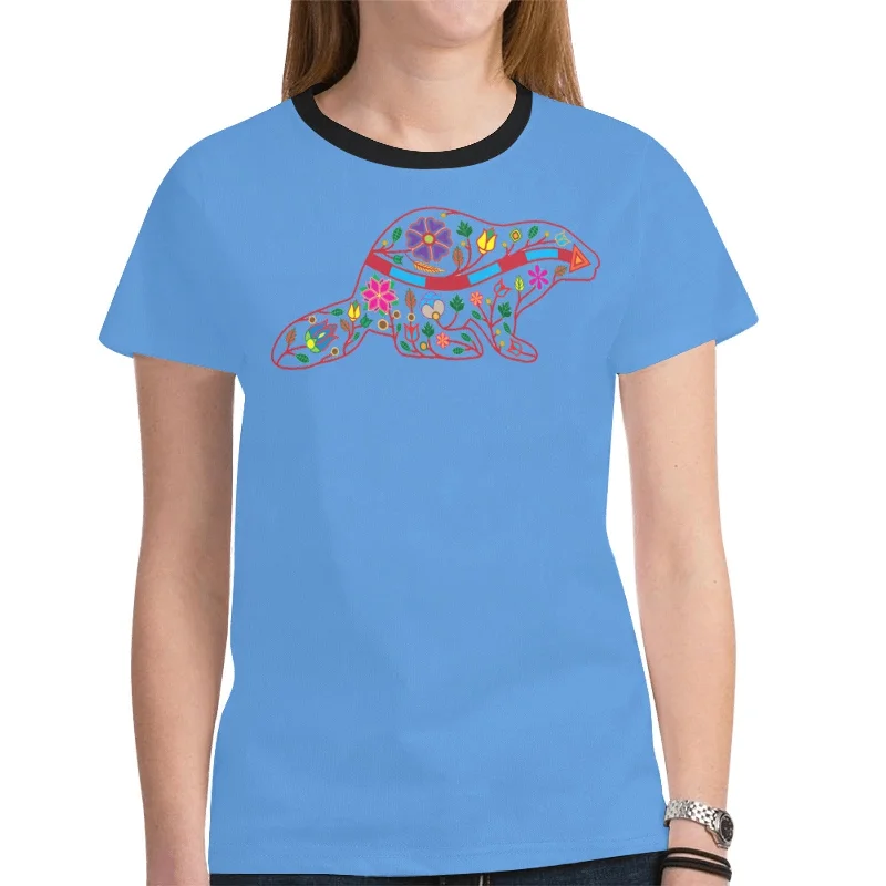 Floral Beaver Spirit Guide (Blue) T-shirt for Women Beaded Sequined Faux Fur