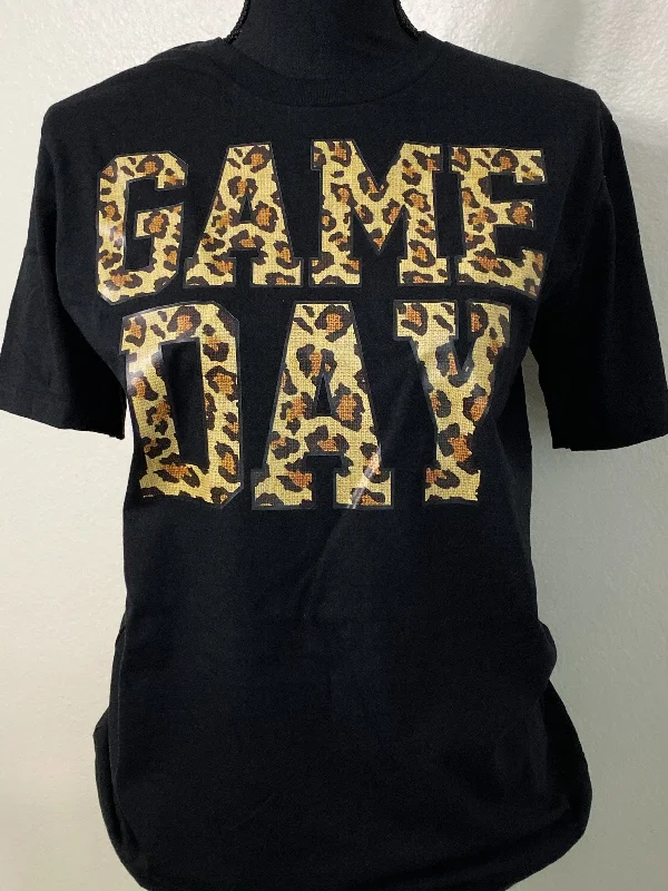 Game Day Leopard Graphic Tee Notch Collar Peter Pan Collar Cowl Neck