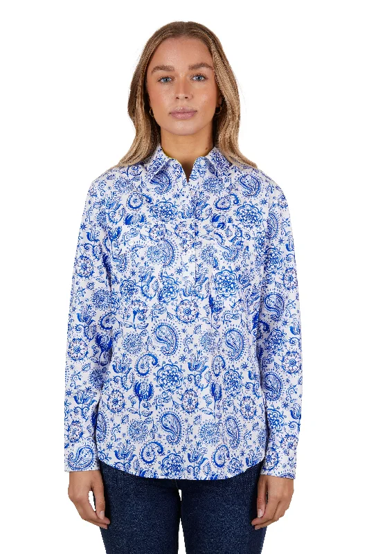 Hard Slog Ladies Natalie Half Placket L/S Shirt - Blue/White Paisley - H4S2101051 Chenille Brocade Lace