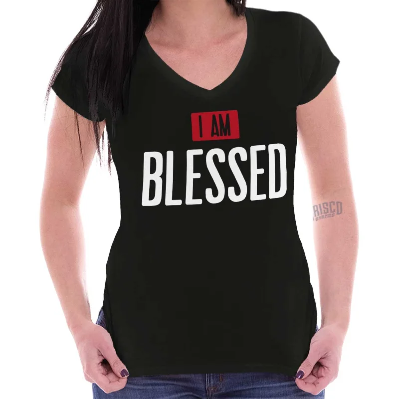 I am Blessed Junior Fit V-Neck T-Shirt Lace Blend Ribbed Blend Corduroy Blend