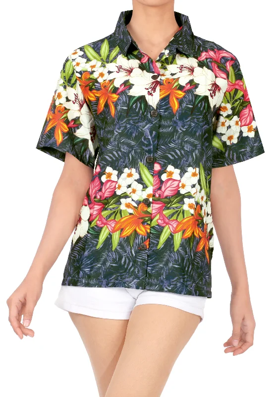 Multicolor Hawaiian Floral Print Shirt For Women Asymmetrical Pockets Print