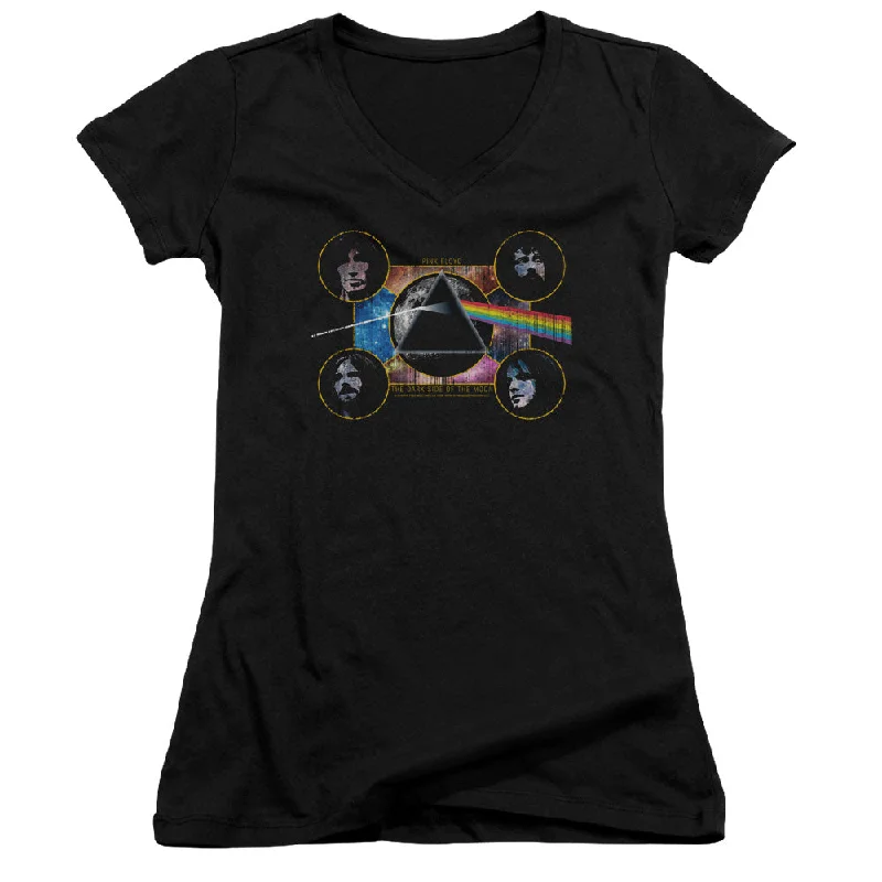 Pink Floyd Dark Side Heads Junior's 30/1 100% Cotton Cap-Sleeve Sheer V-Neck T-Shirt Notch Collar Peter Pan Collar Cowl Neck