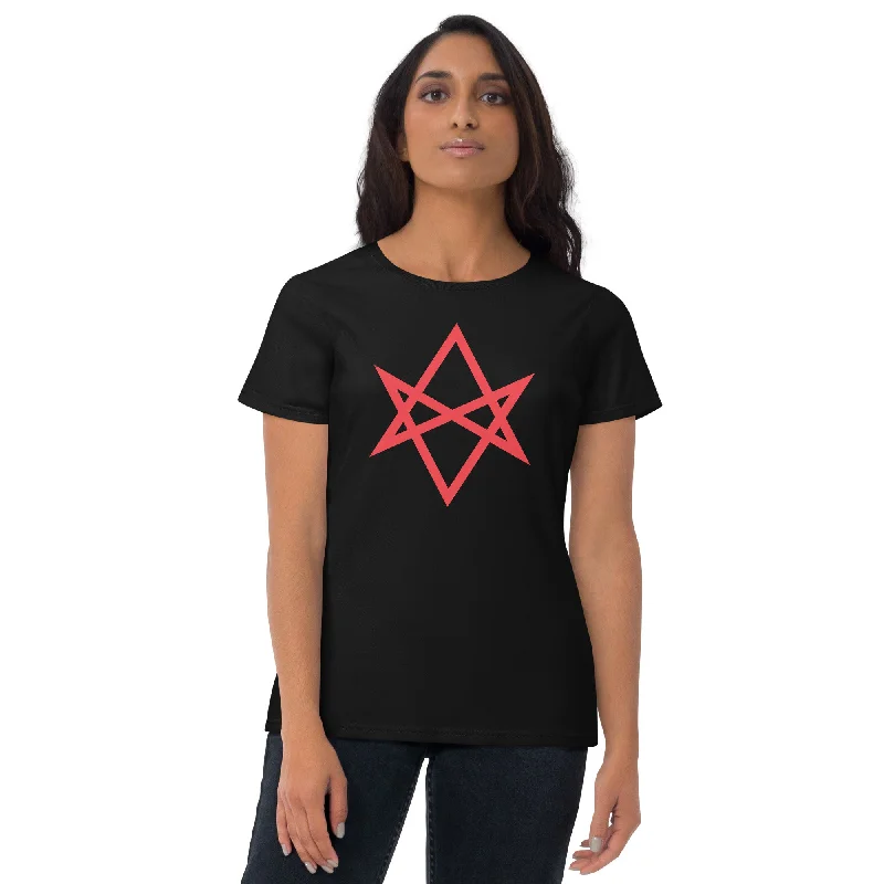 Red Unicursal Hexagram Six Pointed Star Women's Short Sleeve Babydoll T-shirt Zippered Front Buttoned Front Snap Front