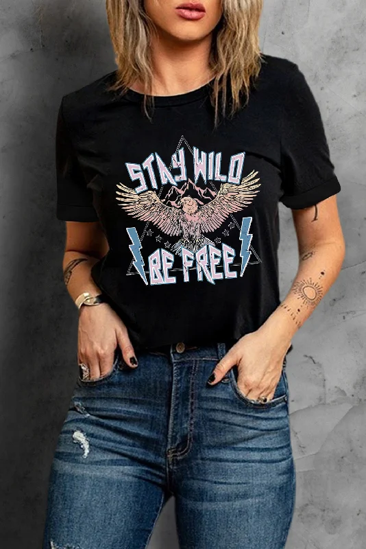 STAY WILD BE FREE Graphic Round Neck Tee Chenille Blend Fleece Blend Nylon Blend