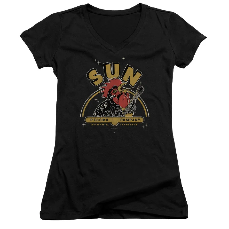 Sun Records Rocking Rooster Junior's 30/1 100% Cotton Cap-Sleeve Sheer V-Neck T-Shirt Front Pockets Side Pockets Patch Pockets