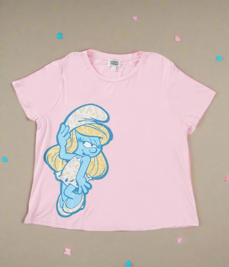 The Smurfs x Unique Vintage Pink Smurfs Fitted Tee Lace Blend Ribbed Blend Corduroy Blend