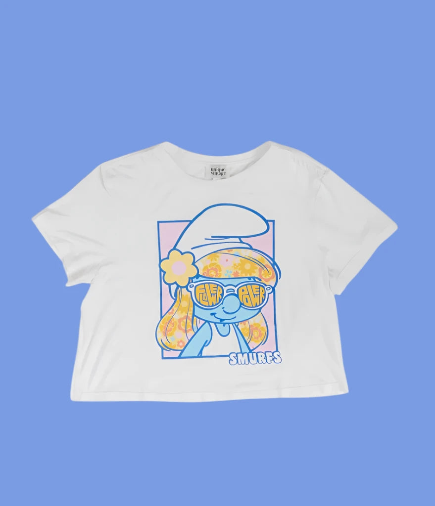 The Smurfs x Unique Vintage White Cropped Graphic Tee Front Pockets Side Pockets Patch Pockets