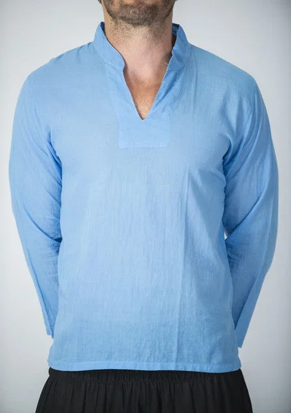 Unisex Long Sleeve Cotton Yoga Shirt with Nehru Collar in Blue Fleece Nylon Spandex