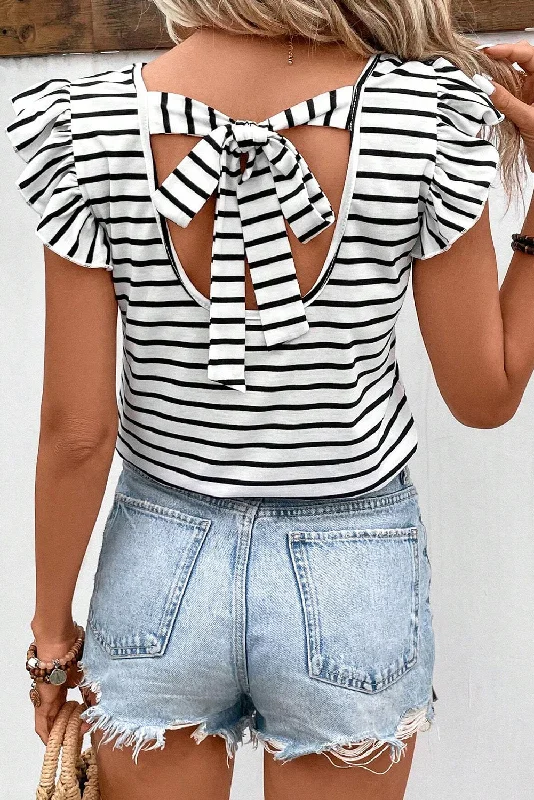 White Stripe Butterfly Sleeve V Neck Hollowed Knot Back T Shirt Zippered Front Buttoned Front Snap Front