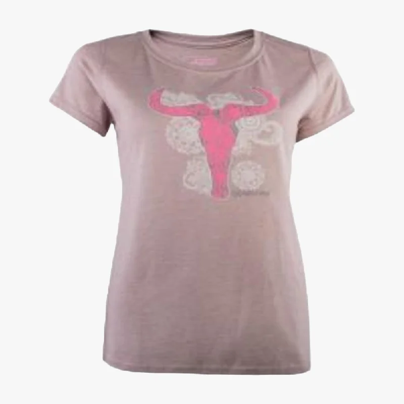 Wildebees Ladies Lace Skull Short Sleeve Tee Latte Collared T-Shirt Boat Neck A-Line