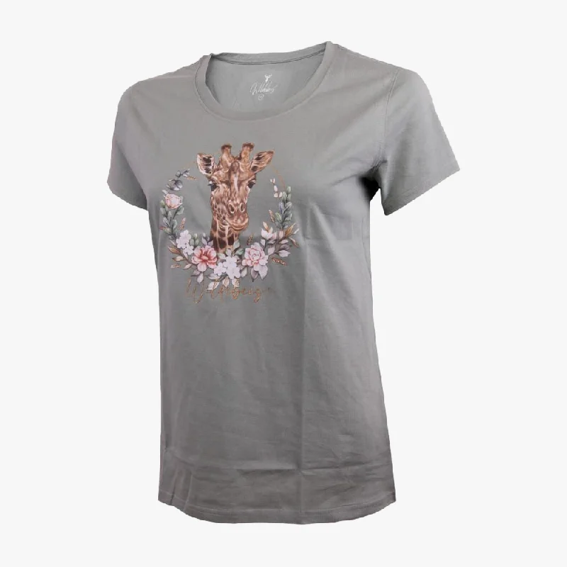 Wildebees Womens Giraffe Wreath Short Sleeve Tee Charcoal Mel Mesh Fabric Canvas Fabric Denim Fabric