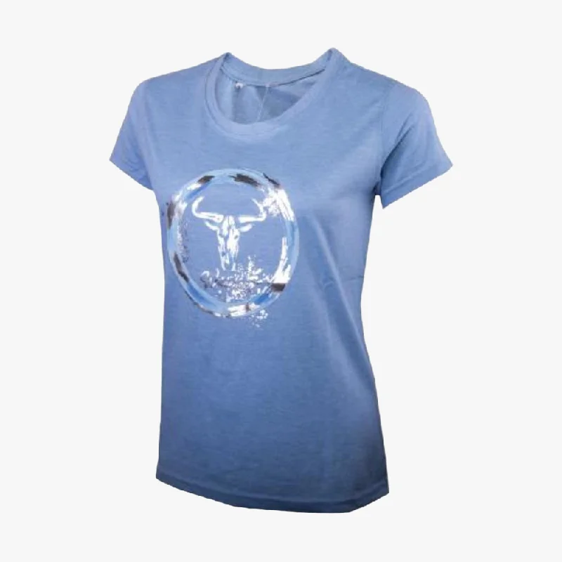 Wildebees Womens Splatter Circle Short Sleeve Tee Blue Bell Ribbed T-Shirt High Neck Heavyweight