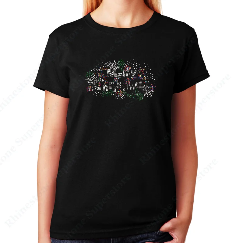 Women's / Unisex T-Shirt with Colorful Merry Christmas in Rhinestones Elegant Classic Vintage