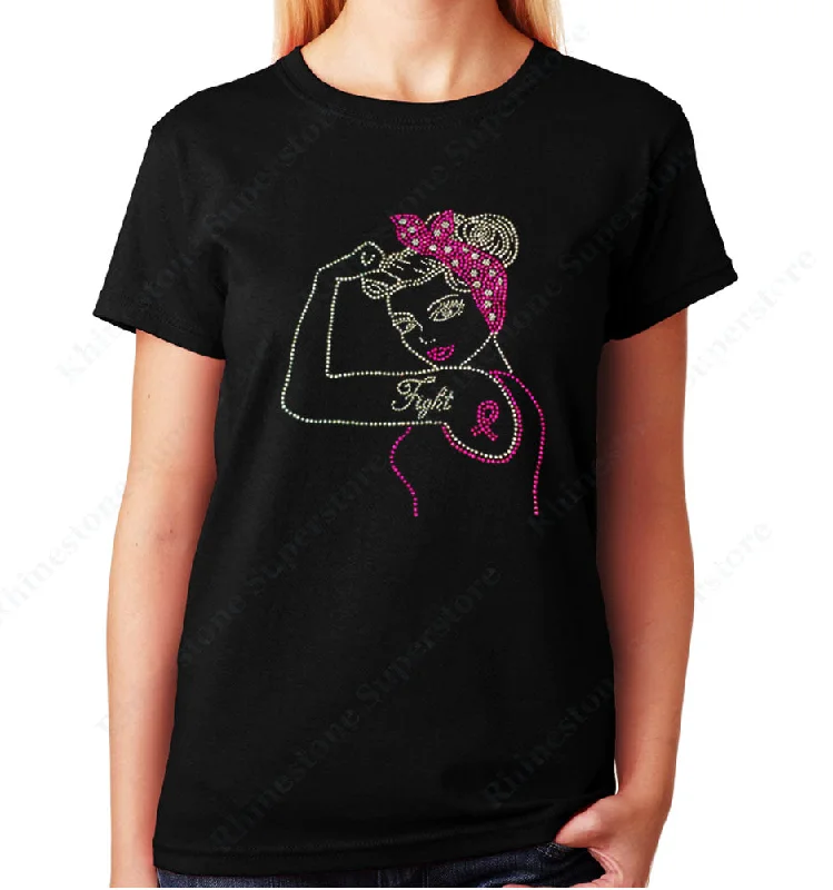 Women's / Unisex T-Shirt with Fight Cancer Pin-up Ribbon in Rhinestones Spandex Blend Rayon Blend Denim Blend