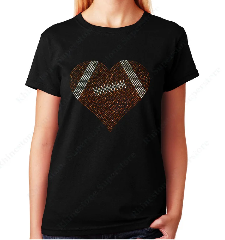 Women's / Unisex T-Shirt with Football Heart in Rhinestones Zippered Buttoned Snapped